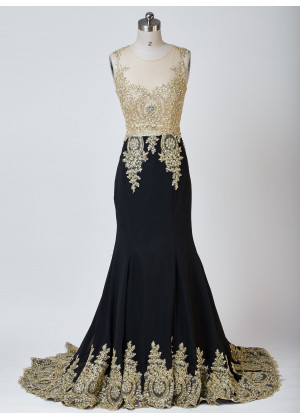 Mermaid Sheer Neckline Gold Lace Black Chiffon Beading Long Prom Dress